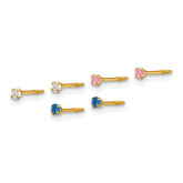 14k Polished 2mm White/Pink/Blue CZ Screwback Post Set of 3 Pair Earrings